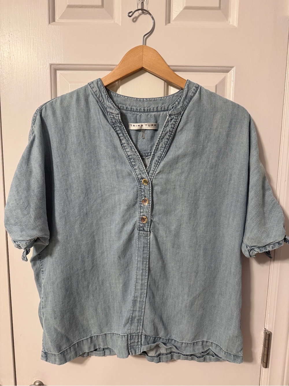 Trina Turk Light Denim Button-Front V-Neck Top